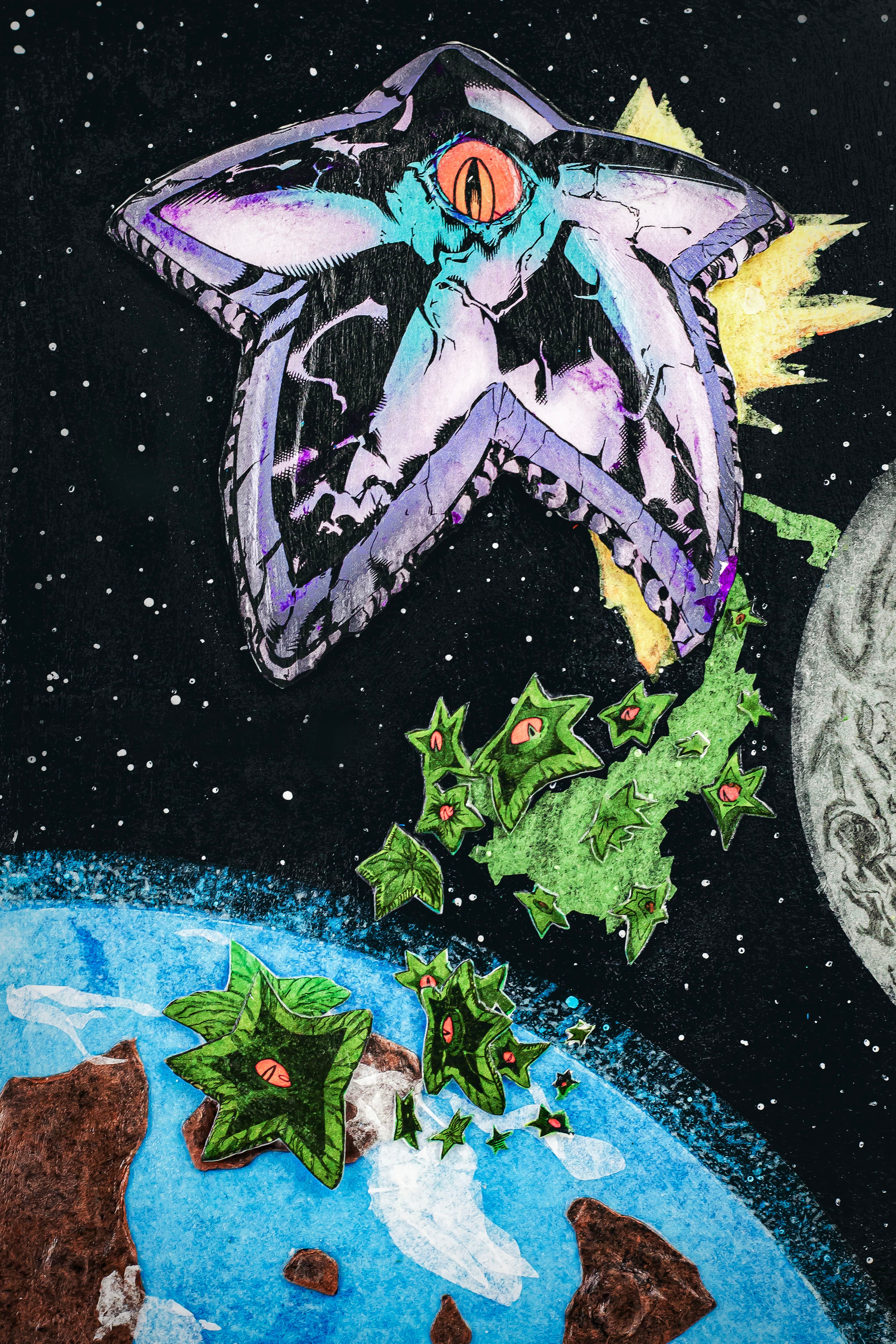 A large star-shaped creature with an eye looms over Earth, surrounded by green alien plant-like beings against a cosmic backdrop.