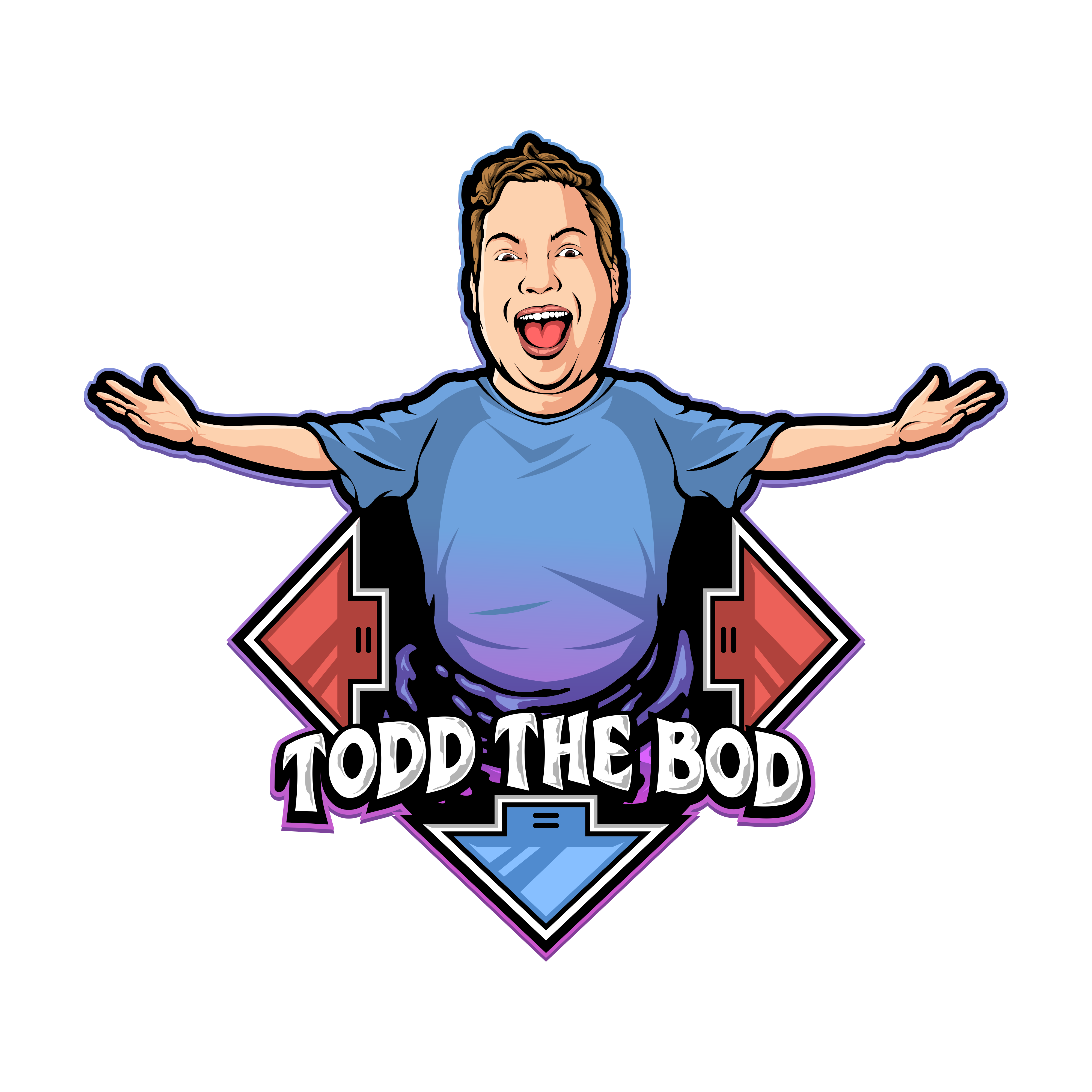 A cartoon graphic of a person with arms outstretched, wearing a blue shirt, surrounded by a geometric design and the name "TODD THE BOD."