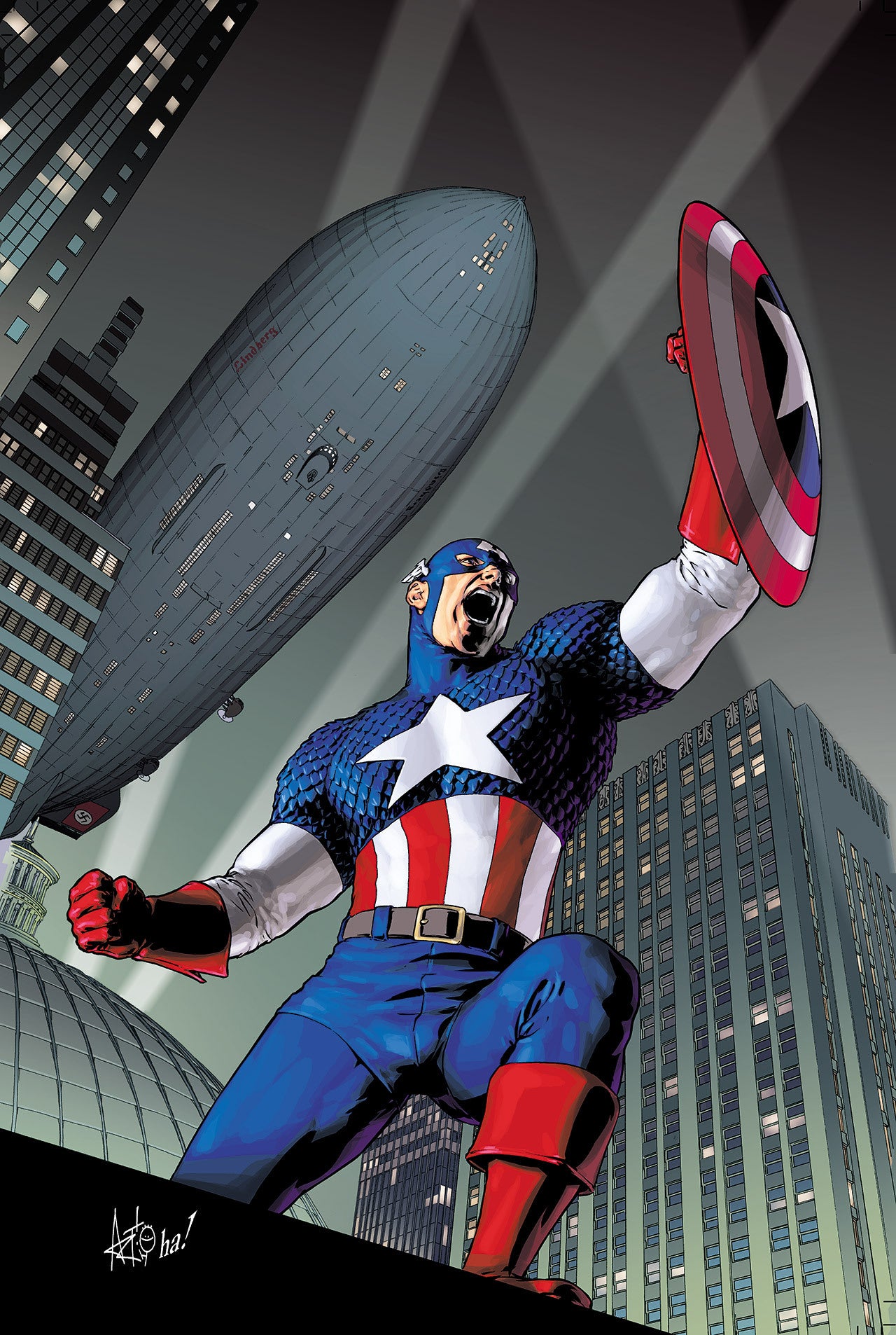 A superhero in a patriotic costume, crouching heroically, with a city skyline and an ominous airship in the background.