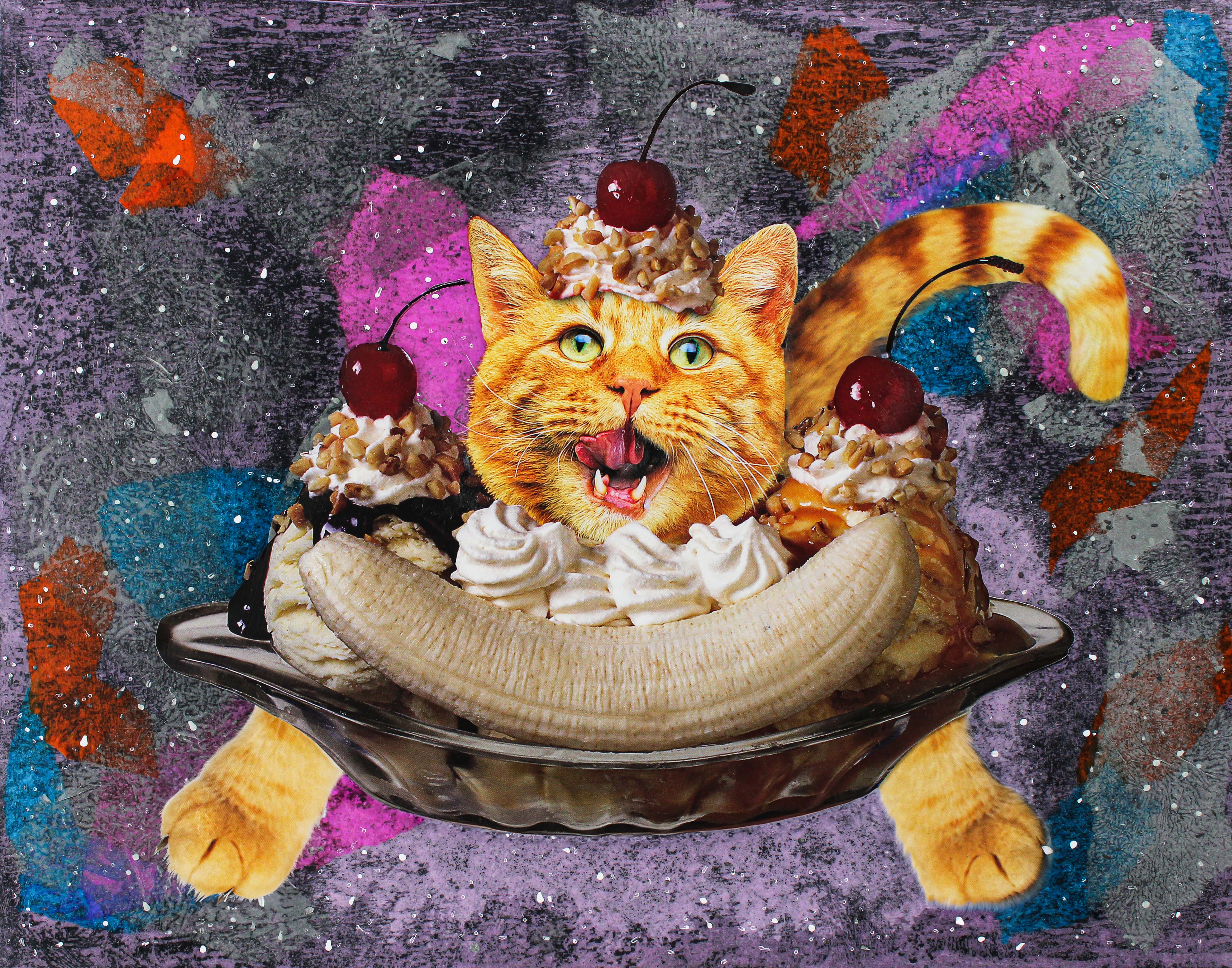 A playful orange cat with a happy expression sits in a banana split, topped with whipped cream and cherries, against a colorful background.